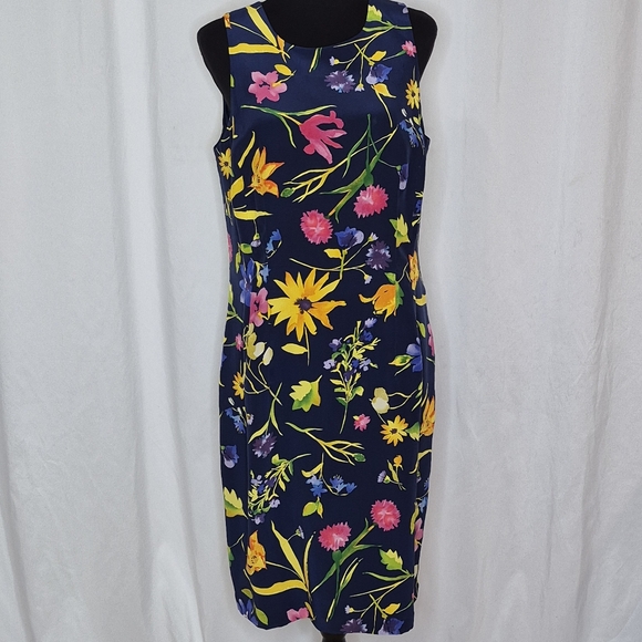Maggy London 100% Silk Sleeveless Navy Floral Sheath Dress Keyhole Back - Sz 14 - Picture 1 of 13